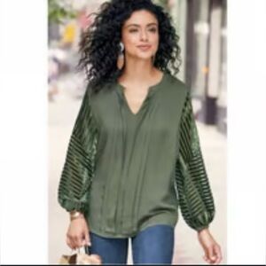 Soft Surrounding Women’s Dark‎ Green Top with Velvet Striped Sleeve Sz M